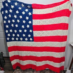 Handmade Crochet American Flag Blanket Throw 69x74 Patriotic 3D Stars 4th July